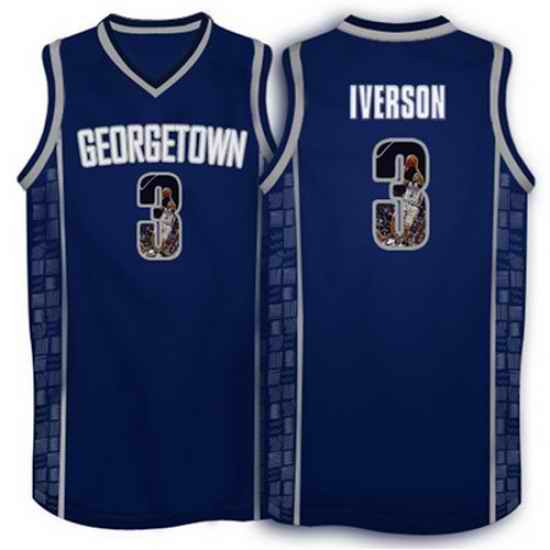 Georgetown Hoyas 3 Allen Iverson Navy 1996 Throwback With Portrait Print College Basketball Jersey2
